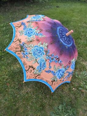 Blue & Pink Floral Lace Women's Parasol Umbrella